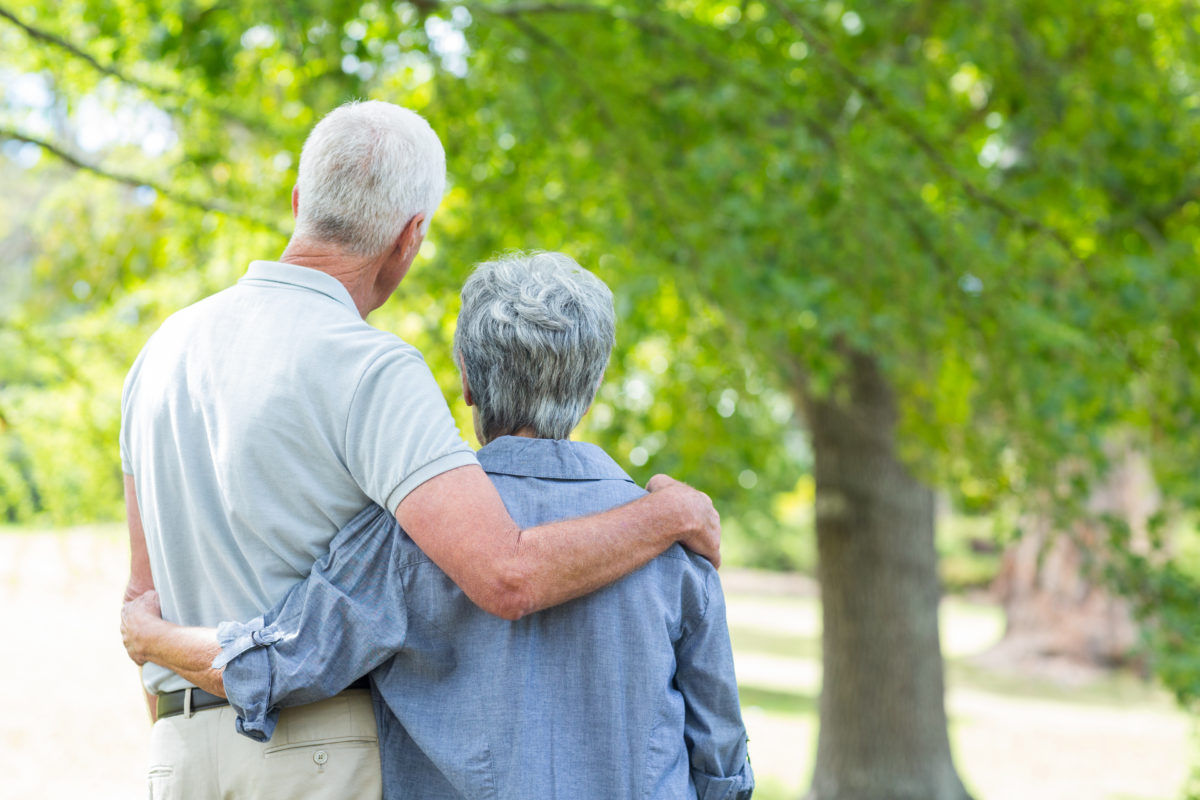 Happy old couple smiling in a park on a sunny day