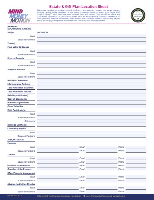 Estate plan location sheet